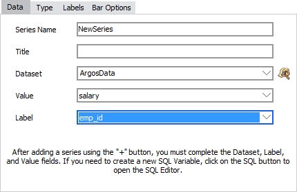 The Data Tab in the Chart Wizard with the series name, dataset, value, and label filled out. The series name is new series, the dataset is Argos Data, the value is salary, and the label is emp_i d.